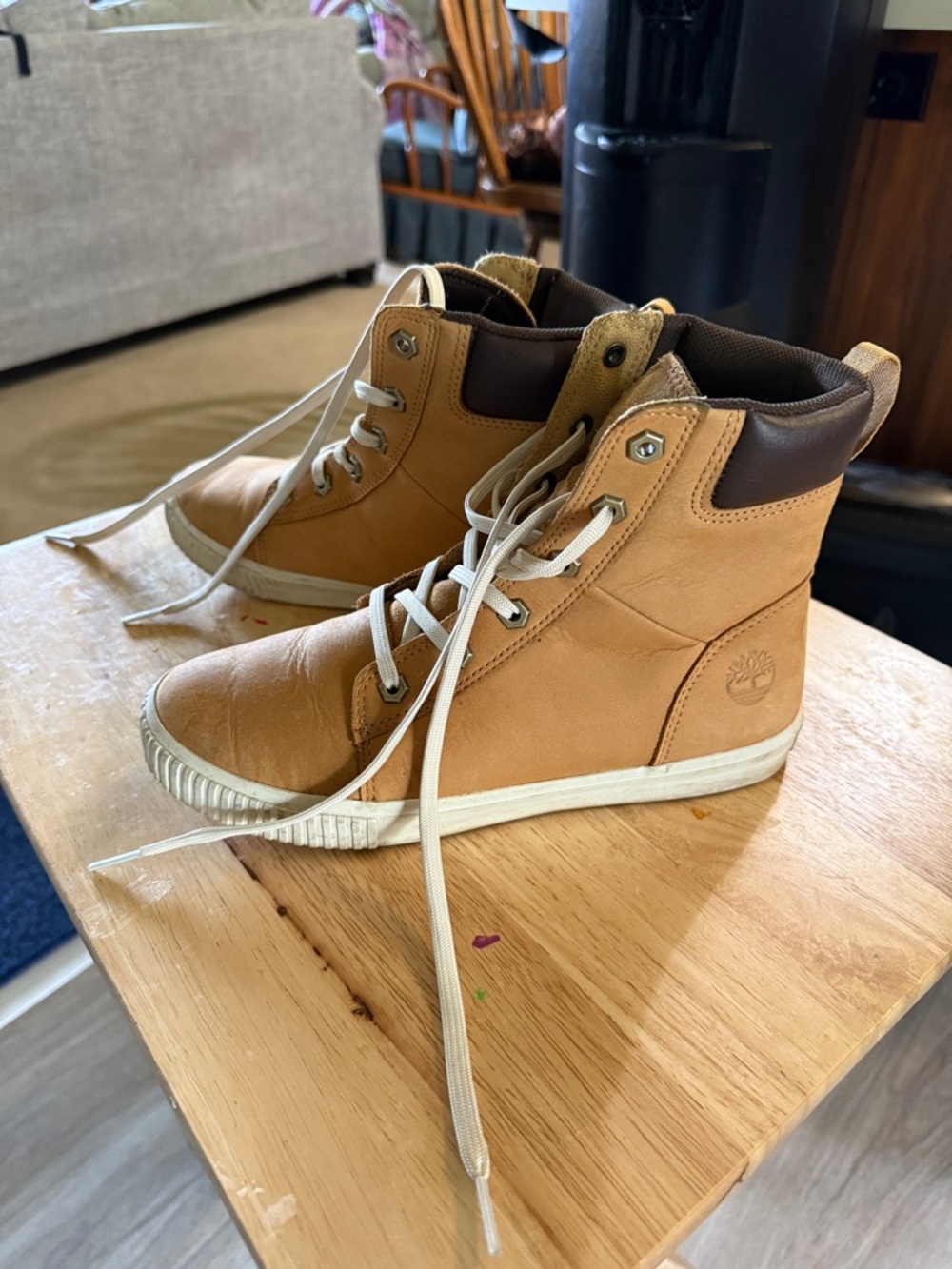 Timberland Wheat Leather High-Top Sneakers with Dark Brown Collar